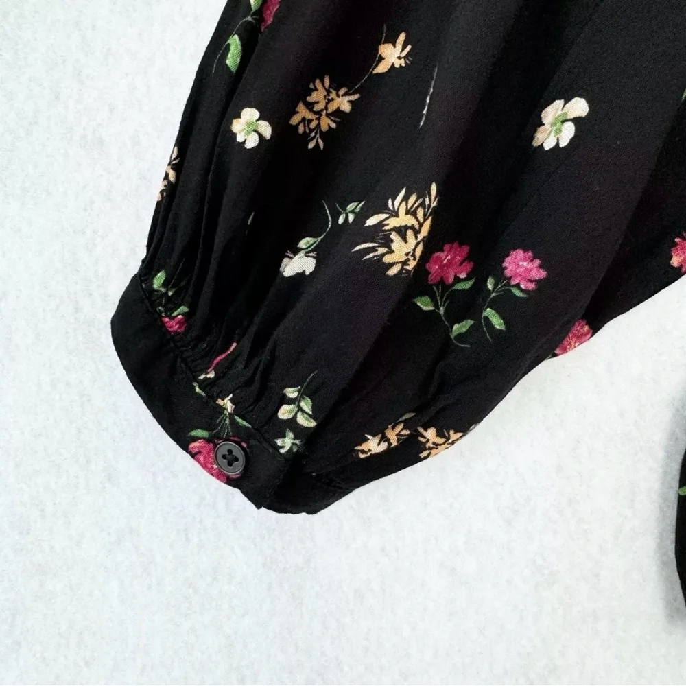 Old Navy Blouse Top Womens XL Black Multicolored Floral Poet Oversized Relax - Picture 10 of 15